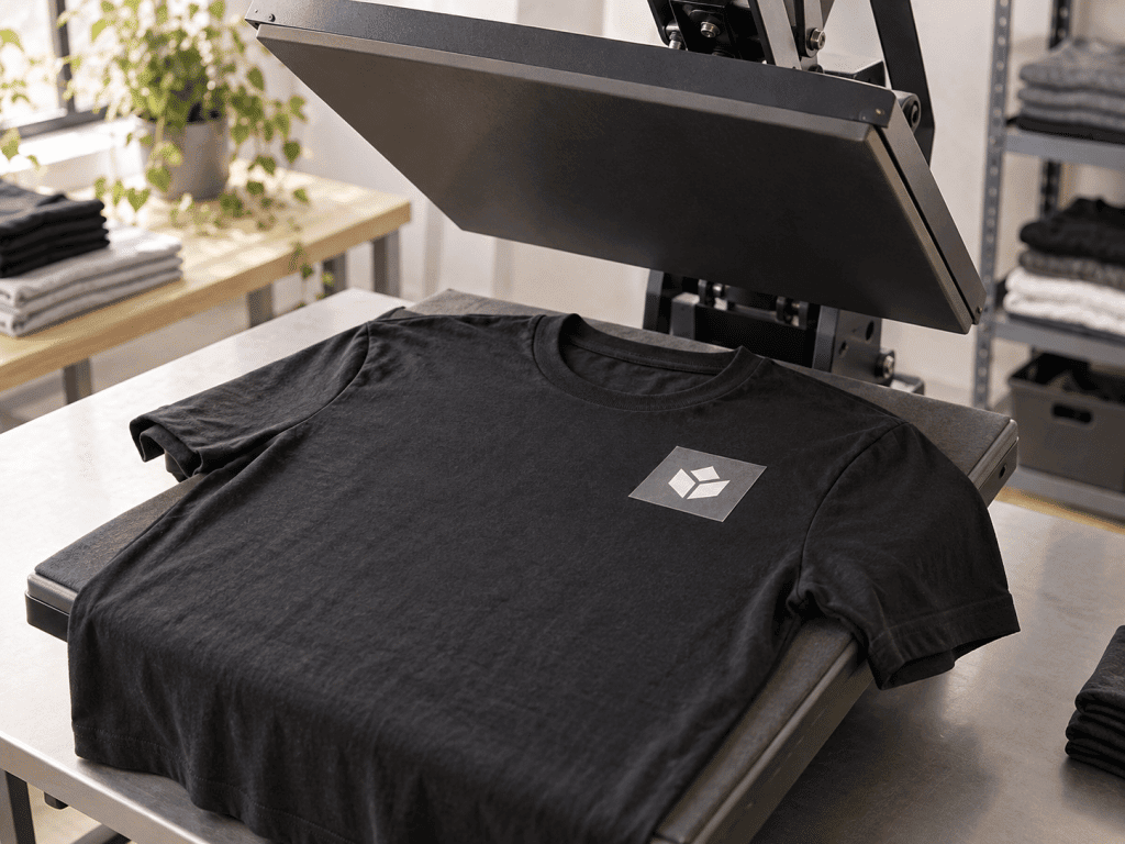 Zwart T-shirt met logotransfer op een open textielpers